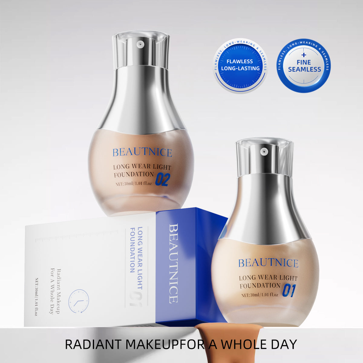 BEAUTNICE Long Wear Light Foundation - Flawless, Breathable Full Coverage Makeup (#01 & #02)