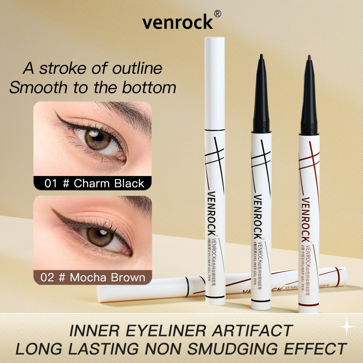 Stunning Slim Eyeliner - Night Black & Amber Brown, 0.1mm Ultra‑Fine Precise Liner, Leak‑Proof Longwear Eye Line