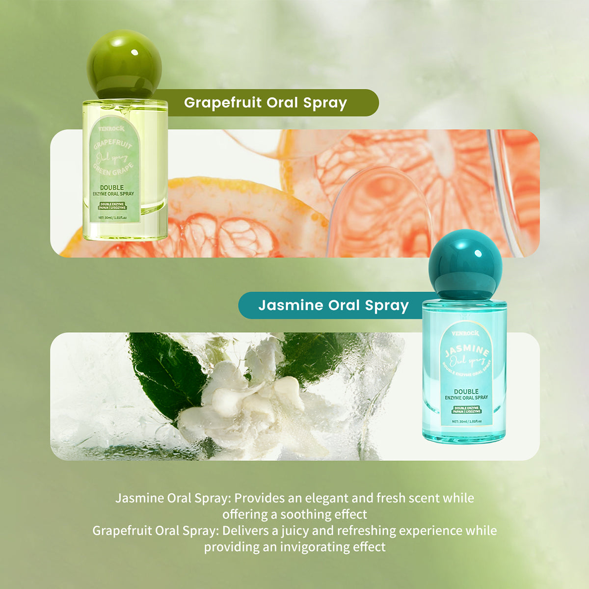 DOUBLE ENZYME ORAL SPRAY - Instant Fresh Breath & Oral Care Mist (Jasmine Dragon Well Tea / Grapefruit Green Grape)