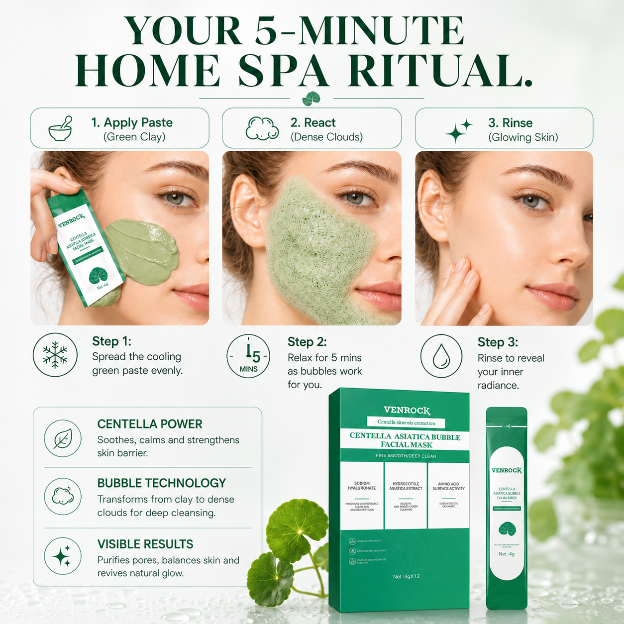 VENROCK CENTELLA ASIATICA BUBBLE FACIAL MASK - Oxygenating Deep Pore Cleanser & Soothing Sheet Mask